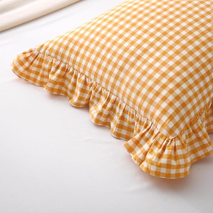 Yellow/White Plaid Ruffle Pillow Shams King Size Set of 2, Checkered Washed - Image 3