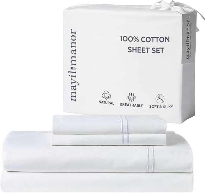 100% Natural Cotton Sheets Queen Size Bed Set | 500 TC Single-Ply Sateen Weave by MayilManor