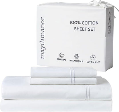100% Natural Cotton Sheets Queen Size Bed Set | 500 TC Single-Ply Sateen Weave by MayilManor
