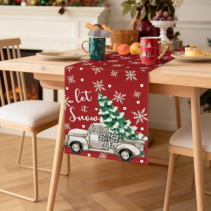 OTOSTAR Truck Christmas Tree Let It Snow Christmas Table Runner, Xmas Seasonal - Image 9