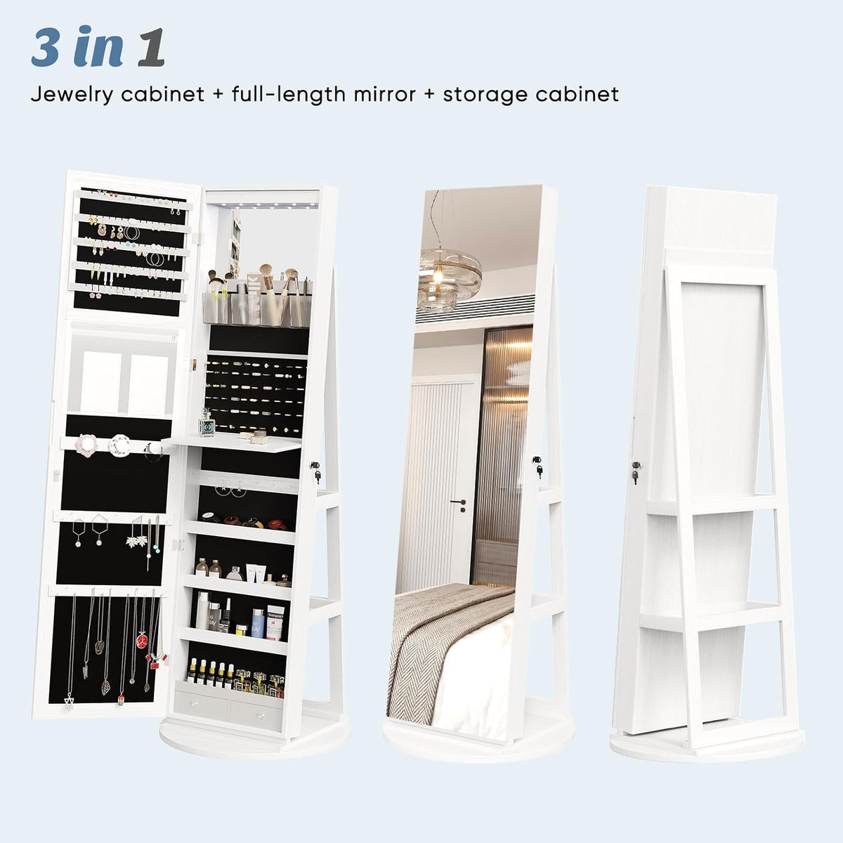 olixis 360° swivel jewelry cabinet with light, lockable, side view