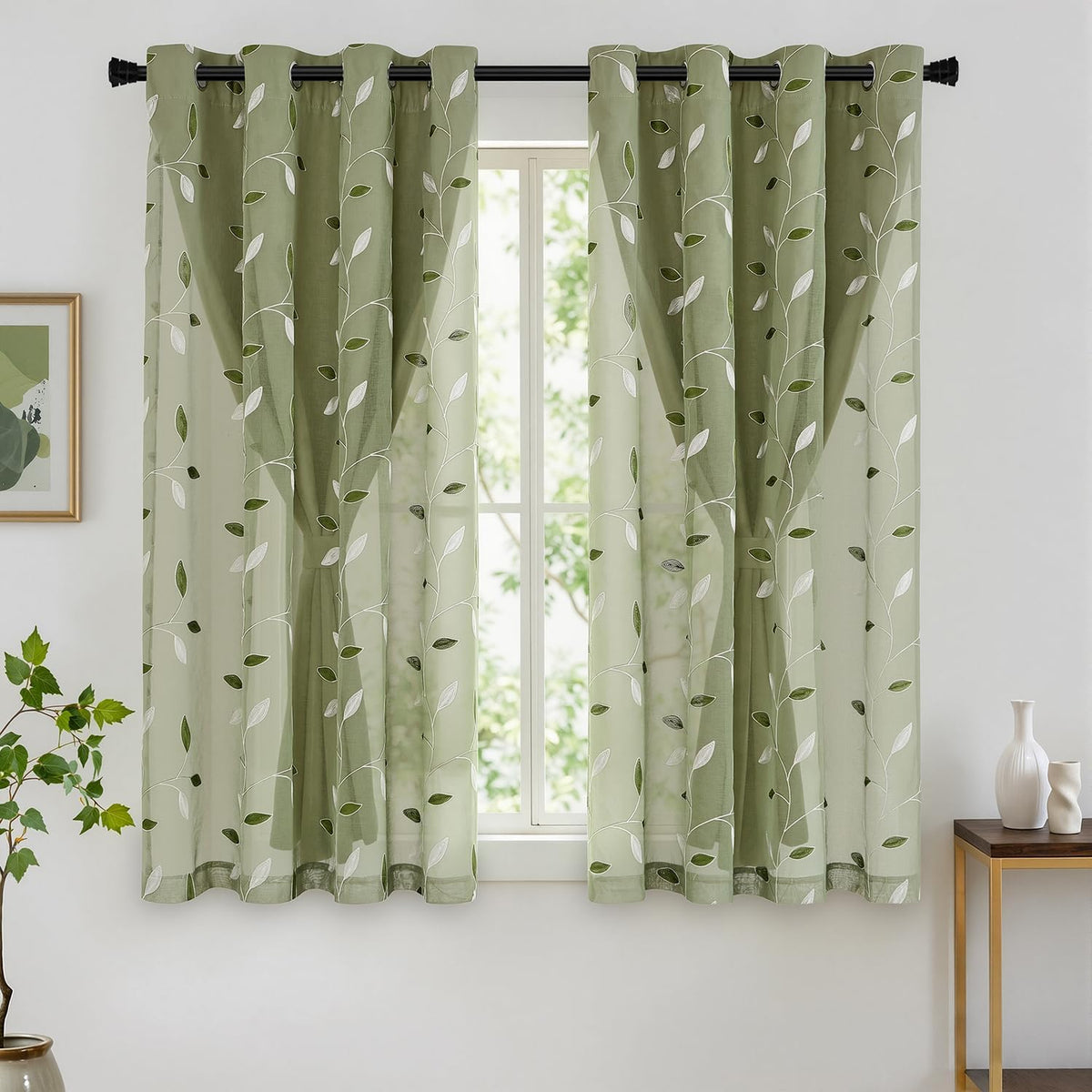 miulee sage green double layer patterned blackout curtains shown in use