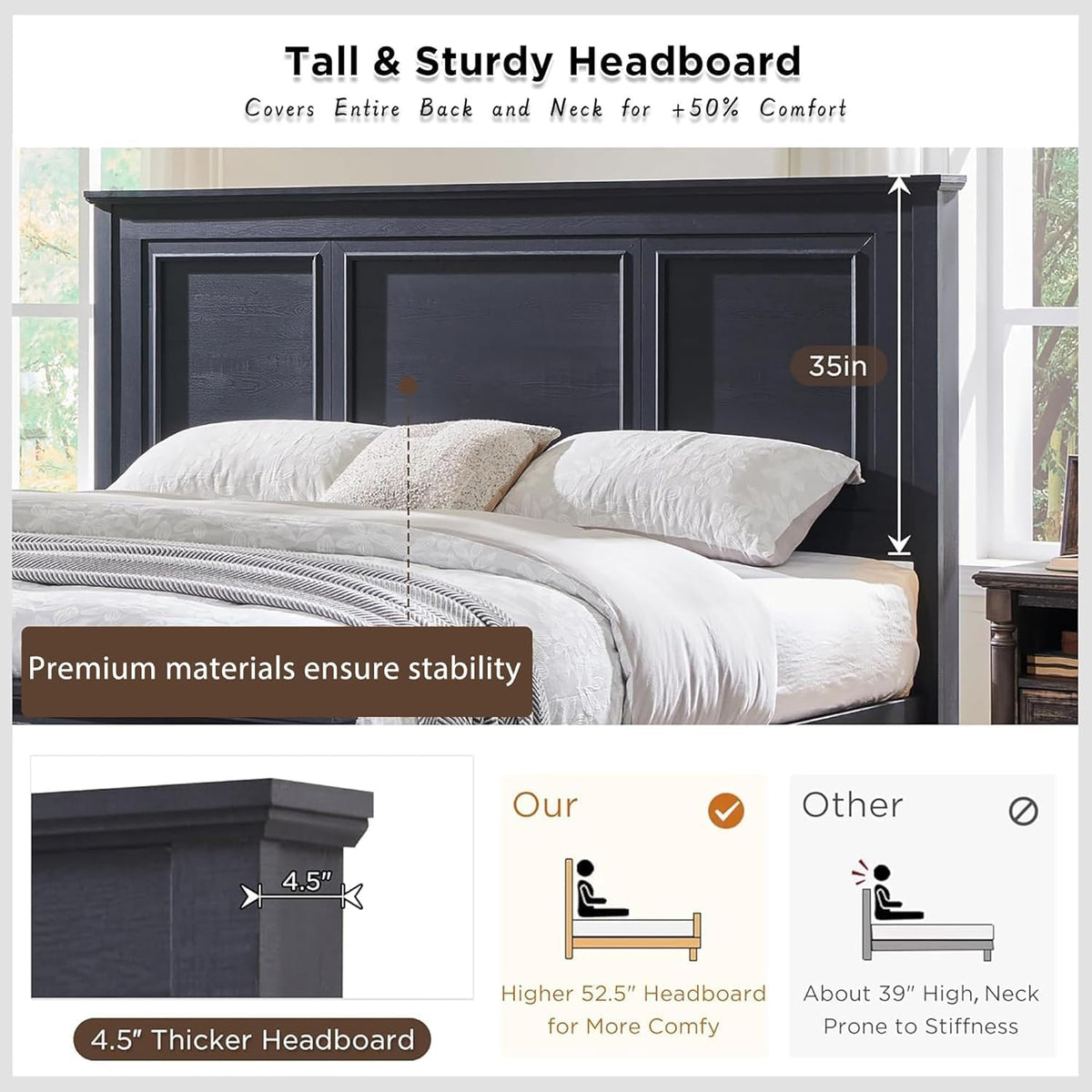 jxqtlingmu farmhouse queen wood bed frame with 52" showing dimensions