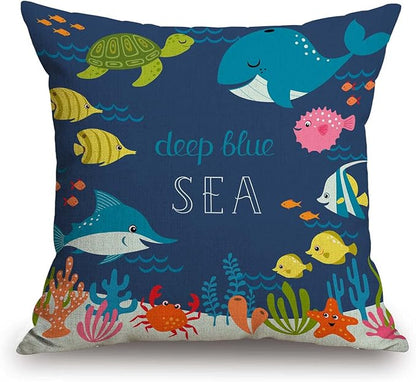 Cartoon Fish Whale Throw Pillow Cover 18 x 18 Inch, Cartoon Underwater Ocean by TSSOHU