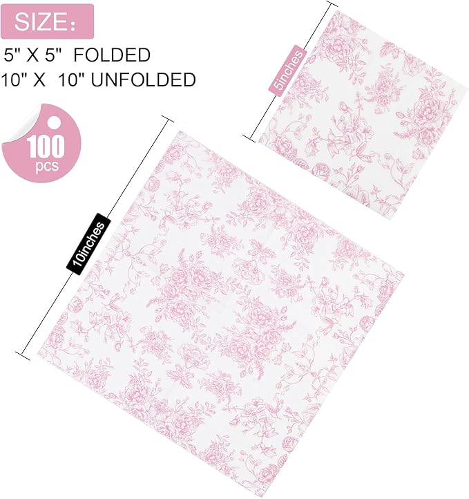 100 Pack Pink Floral Cocktail Napkins, Guest Hand Towels Disposable - Image 2
