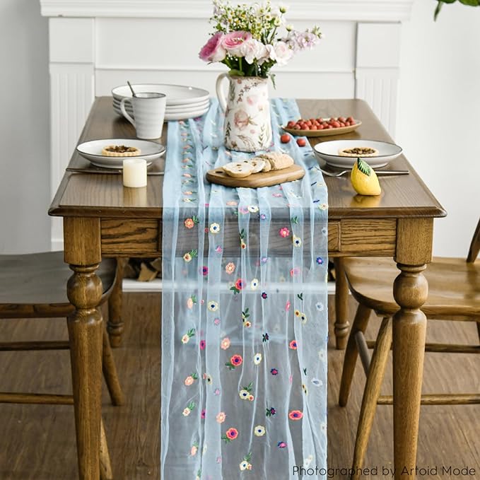 Artoid Mode Blue Embroidery Daisy Spring Gauze Table Runner 59x120 Inch 10FT - Image 2
