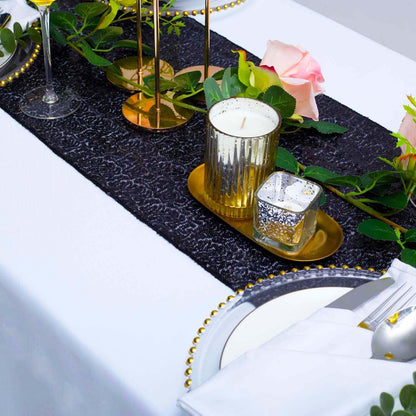 6 Pack Black Sequin Table Runner 12x108 Inch, High Density Sparkly Glitter Table Runners for Wedding Reception, Birthday Party, Banquet, Halloween, Black Metallic Shimmering Decor