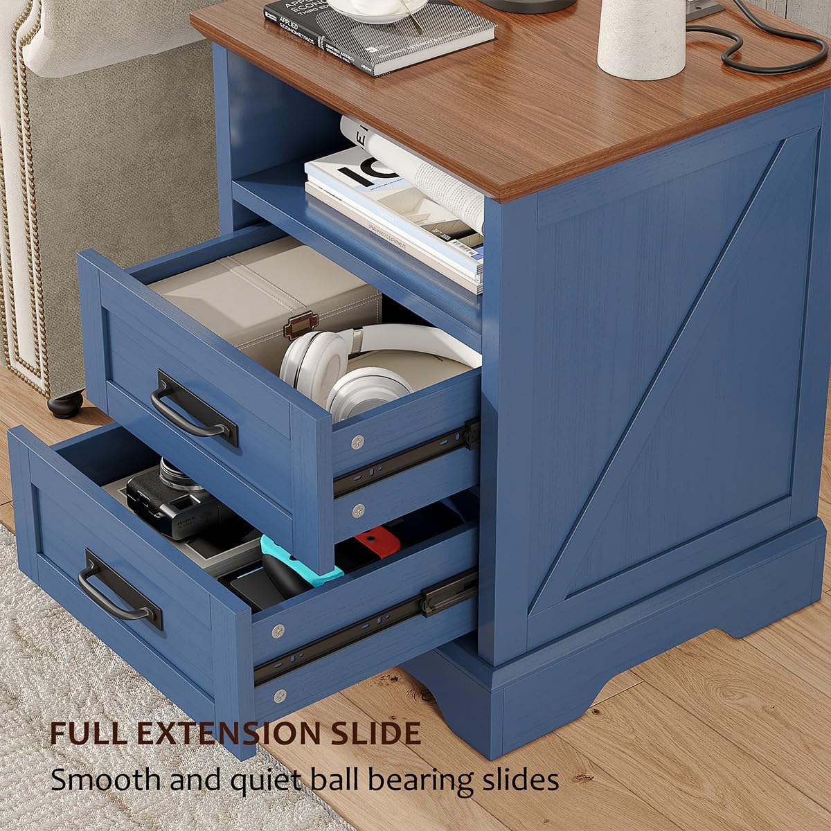 whalefall 2 drawer farmhouse nightstand with open cubby showing dimensions