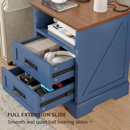 whalefall 2 drawer farmhouse nightstand with open cubby showing dimensions