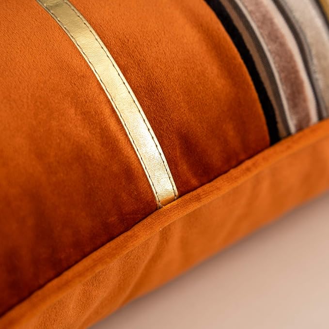 Yangest Orange Striped Patchwork Throw Pillow Cover Gold Leather Cushion Cover - Image 4