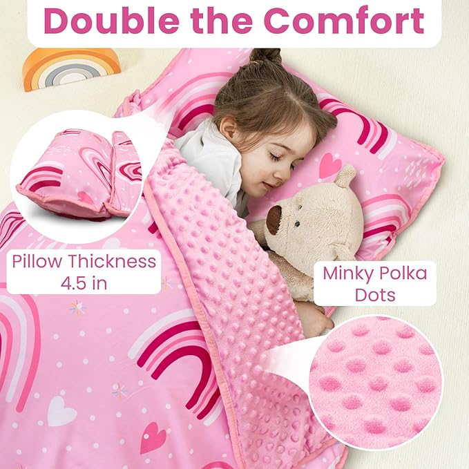 Toddler Nap Mat with Pillow and Minky Blanket, Large 55"x35" Sleeping Bag - Image 4