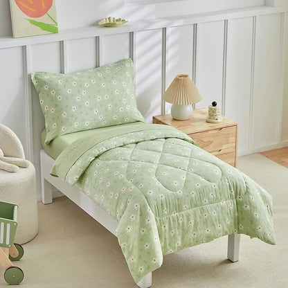 DuShow Green Floral Toddler Bedding Set, 4 Pieces Toddler Crib Bed Sheet Set - Image 2