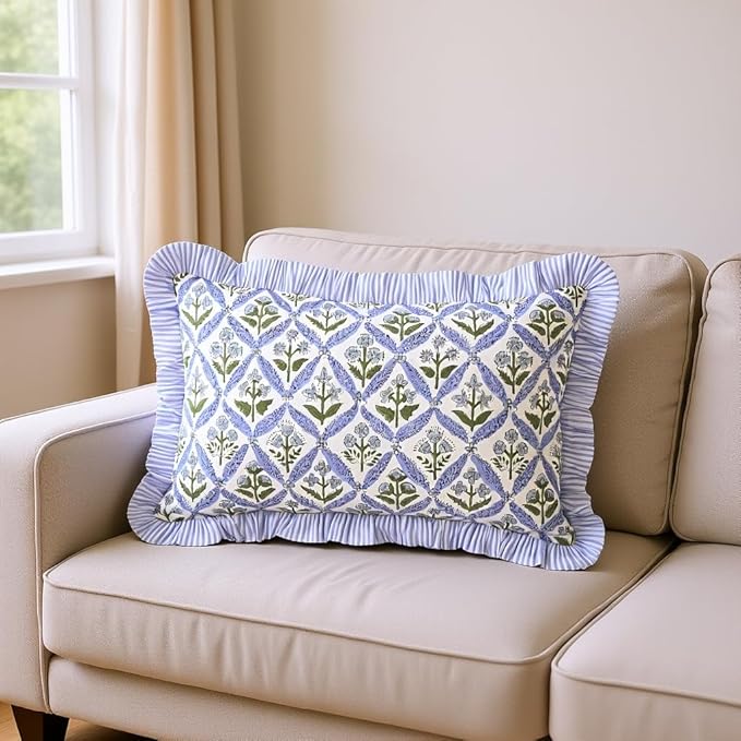 Ridhi Light Steel Blue 100% Cotton Block Print Ruffle Lumbar Sham Cover - Image 7