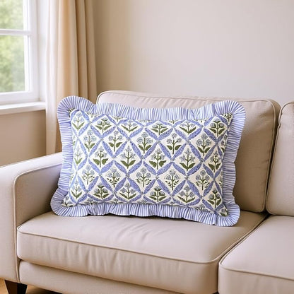 Ridhi Light Steel Blue 100% Cotton Block Print Ruffle Lumbar Sham Cover - Image 7