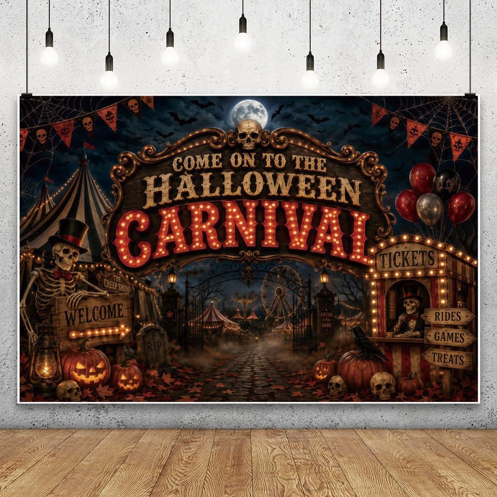 Halloween Carnival Backdrop Spooky Night Skull Haunted Circus Photography Backgrounds Horror Halloween Party Decorations Photo Booth Props Vinyl 10x8ft