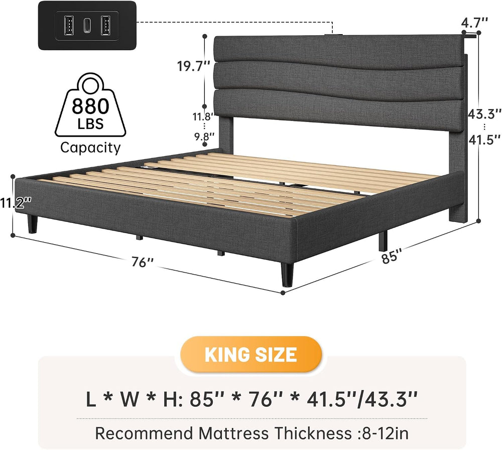 EnHomee King Size Bed with Upholstered Headboard & Charging Station
