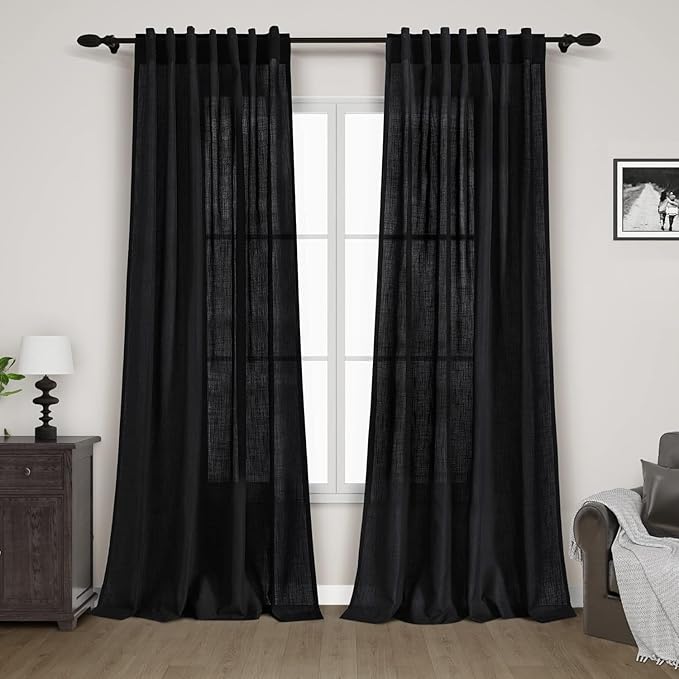 Black Linen Curtains 84 inches Long 2 Panels by Nanspring