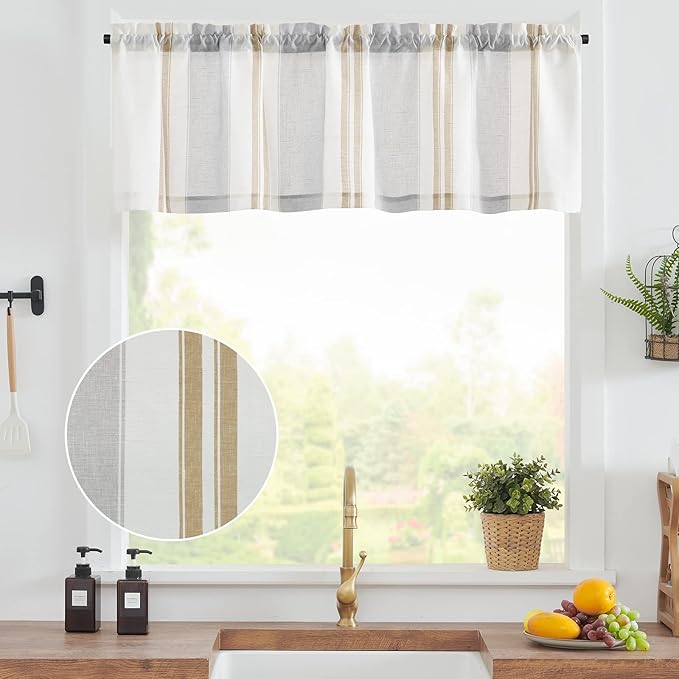 jinchan Striped Valance Farmhouse Window Treatment Linen Textured Drapes - Image 2