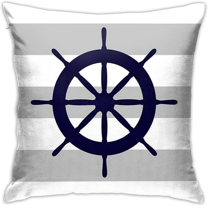 Myshe Square Nautical Navy Blue Ship's Steering Wheel On Silver Gray Stripes by Myshe
