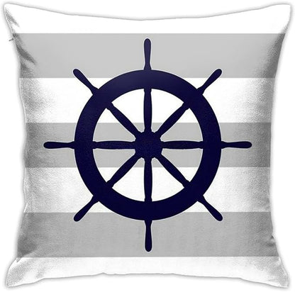 Myshe Square Nautical Navy Blue Ship's Steering Wheel On Silver Gray Stripes by Myshe