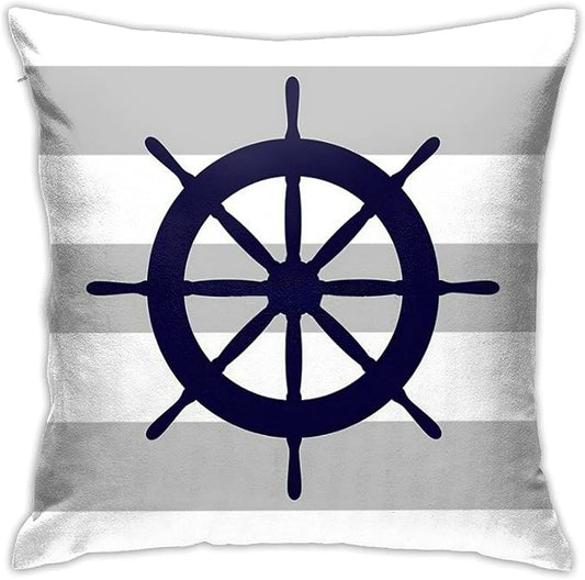 Myshe Square Nautical Navy Blue Ship's Steering Wheel On Silver Gray Stripes by Myshe