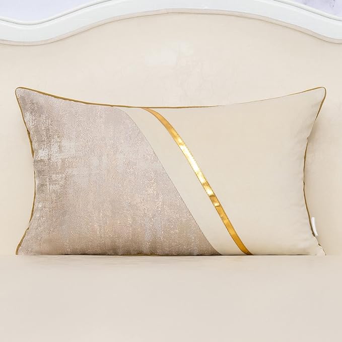 Alerfa 12 x 20 Inch Off White Beige Gold Leather Patchwork Velvet & Polyester by Alerfa