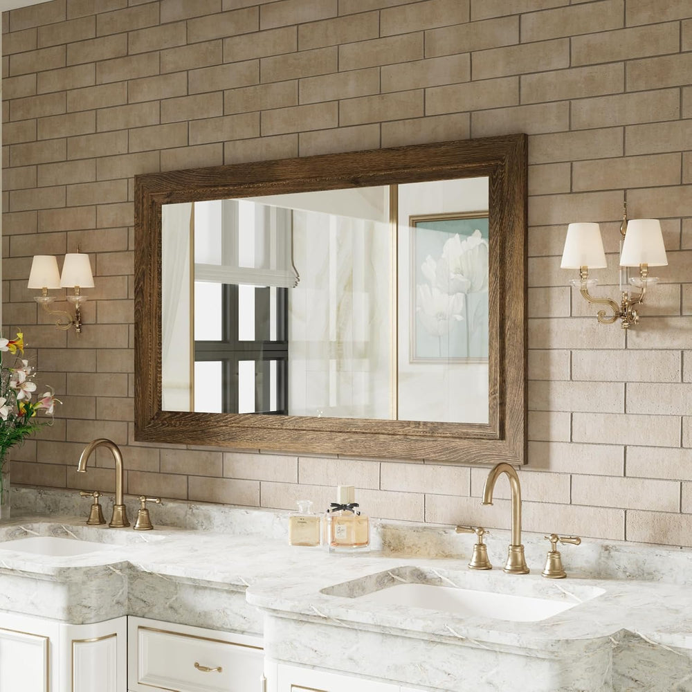 Rustic Wall-Mounted Vanity Mirror, Solid Wood Frame Bathroom Mirror, Farmhous...