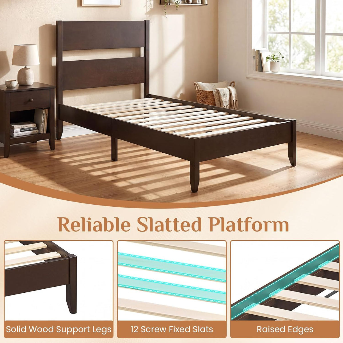 giantex twin size wooden bed frame with slatted showing dimensions