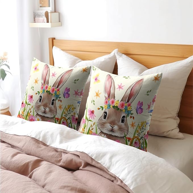 Easter Rabbit Throw Pillow Covers 22x22 Inch Set of 2 Cute Bunny Cotton Linen - Image 8