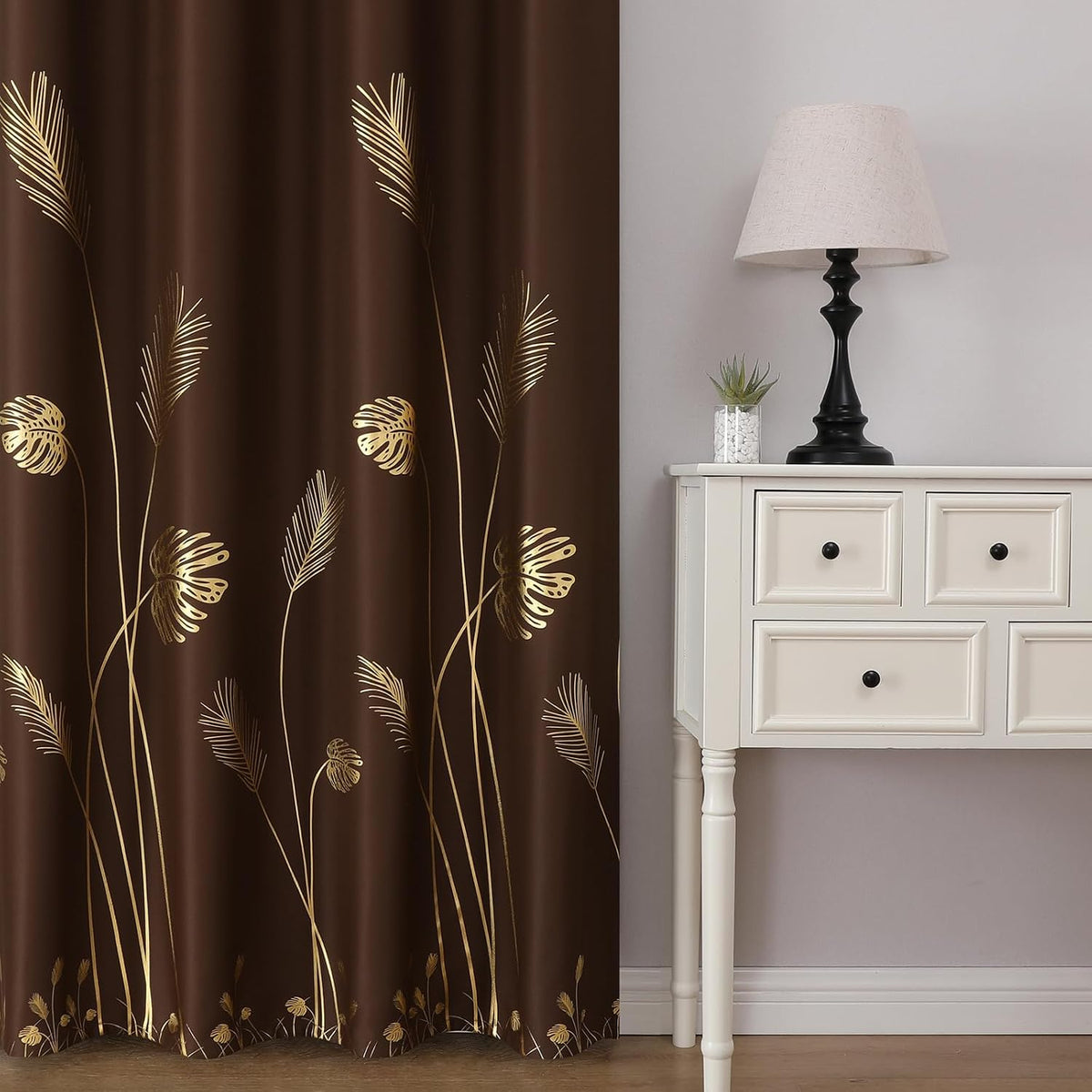 estelar textiler brown blackout patterned curtains for living shown in use