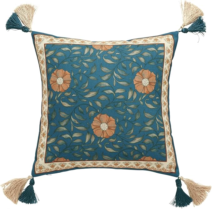 patdrea Designer Square Throw Pillow Covers, French Floral Blue Farmhouse Linen by Welcometopatdrea