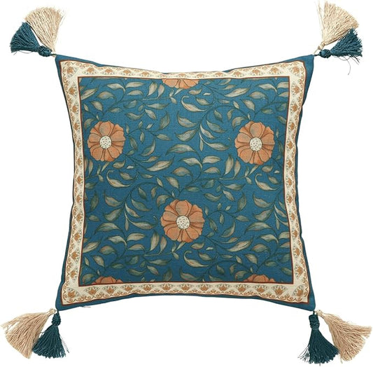 patdrea Designer Square Throw Pillow Covers, French Floral Blue Farmhouse Linen by Welcometopatdrea