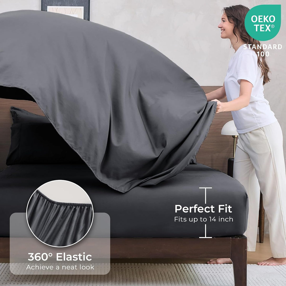 hevumyi 7-piece full comforter set, dark grey bed showing dimensions