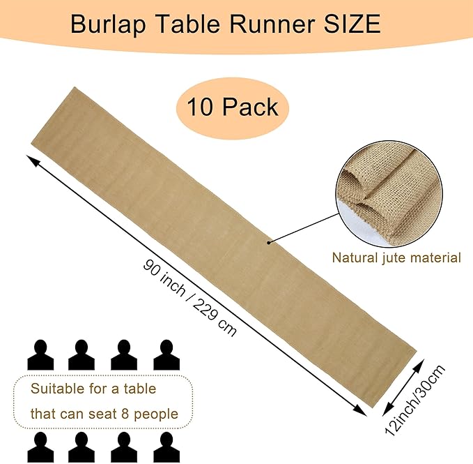 10 Pack 12 x 90 Inch Natural Burlap Table Runners, Rustic Jute Table Runner and - Image 2