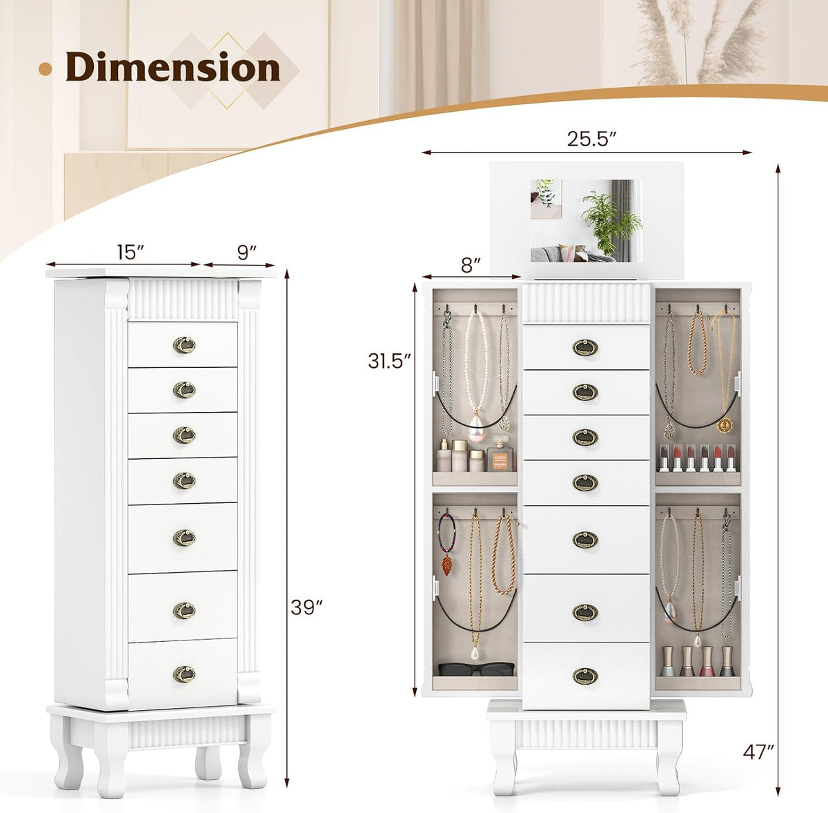 costway standing jewelry armoire, wooden jewelry storage chest showing dimensions