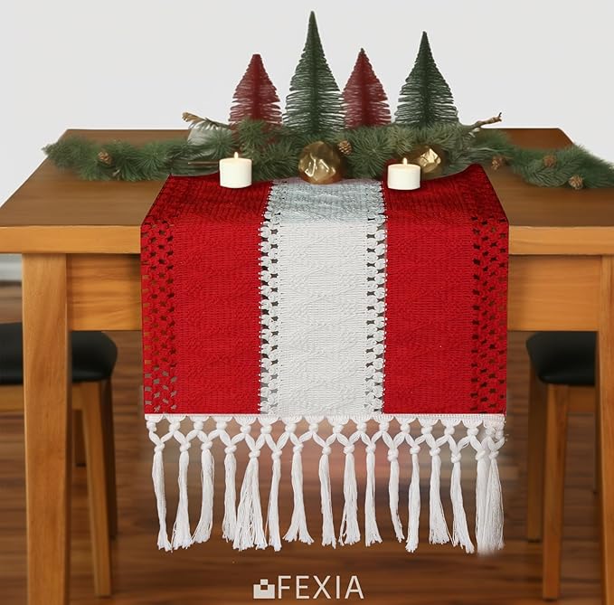 FEXIA Boho Red Table Runner for Holiday Decoration 72 Inches Long Red & Cream - Image 4