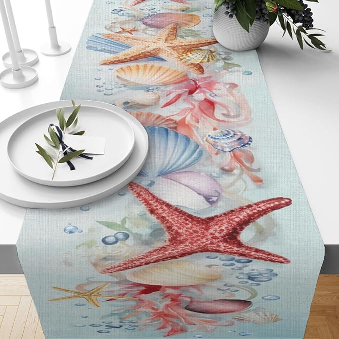 Ocean Starfish Table Runner, Linen Farmhouse Table Cloth Decor, Table Runner - Image 6