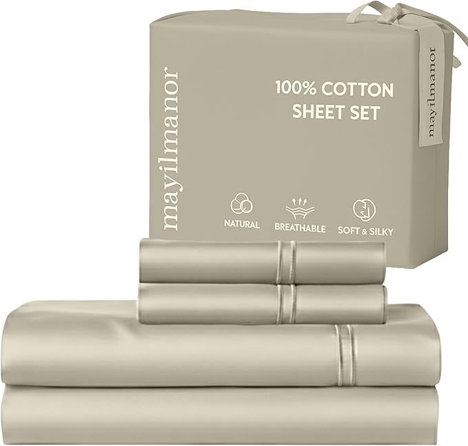 100% Natural Cotton Bed Sheets | 500 TC Single-Ply Sateen Weave King Size by MayilManor