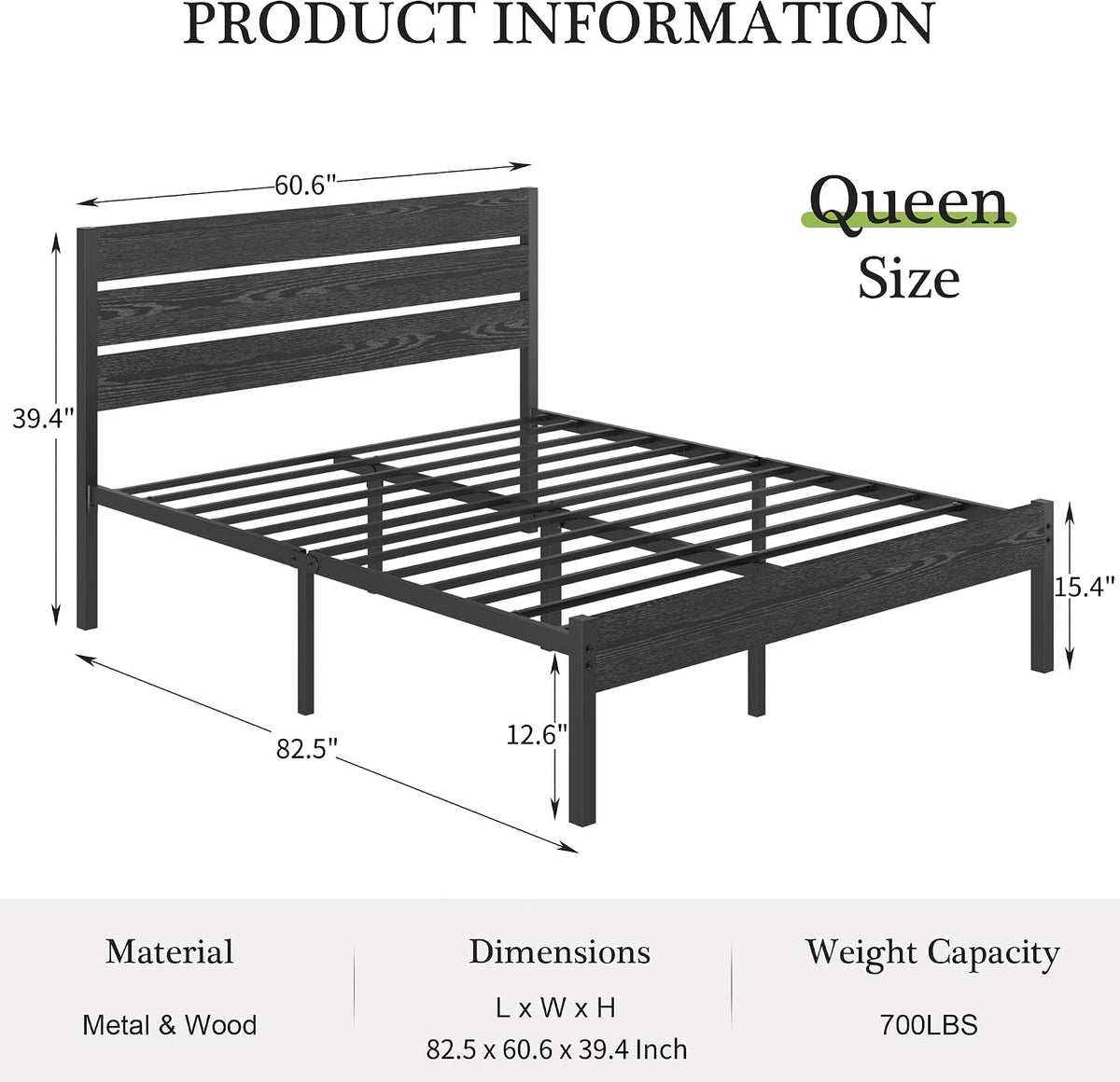 vecelo queen size bed frame - heavy-duty metal, close-up detail