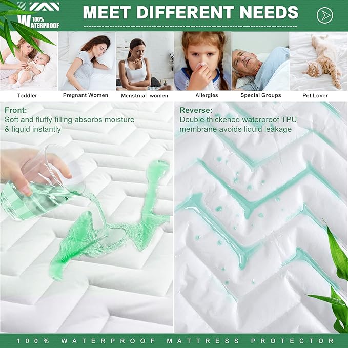 Unilibra King Size Waterproof Mattress Pad Rayon Made from Bamboo, Quilted - Image 2