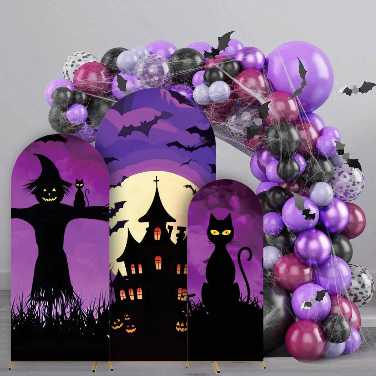 3 Pcs Halloween Arch Cover 4ft, 5ft, 6ft Arch Covers Stretchy Backdrop Skeleton Ghost Bat Horror Style Backdrop Cover for Halloween Party Photo Background Arch Stand Stretchy Decoration