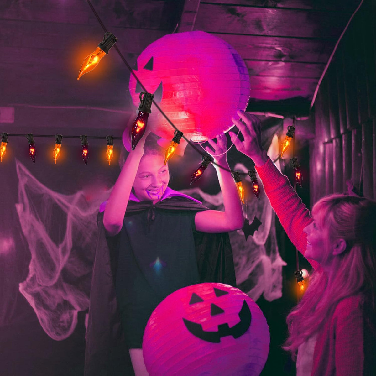 27.8Ft Orange and Purple Halloween Lights Flame String Lights, Spooky Flicker Flame Lights String with 25 + 4 Orange Purple C18 Bulbs, for Halloween Home Fireplace Yard Party Indoor Outdoor Decor
