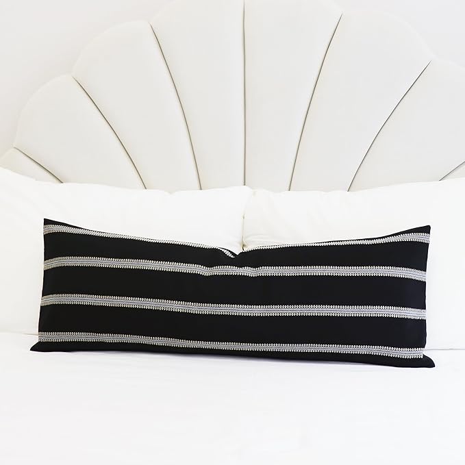 Slow Cow Linen Off White and Black Rectangular Throw Pillow Covers Striped - Image 2
