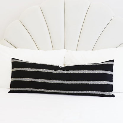 Slow Cow Linen Off White and Black Rectangular Throw Pillow Covers Striped - Image 2