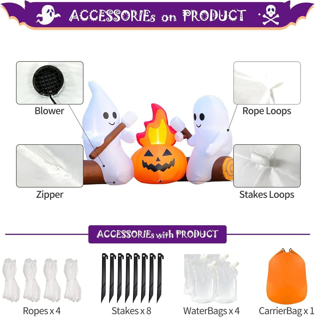 DomKom 6FT Halloween Inflatable Blow Up Decorations, Cute Ghosts Roasting Marshmallows Over Campfire, Built-in LEDs for Holiday Party, Garden, Lawn, Yard, Patio Décor