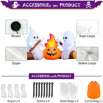 DomKom 6FT Halloween Inflatable Blow Up Decorations, Cute Ghosts Roasting Marshmallows Over Campfire, Built-in LEDs for Holiday Party, Garden, Lawn, Yard, Patio Décor