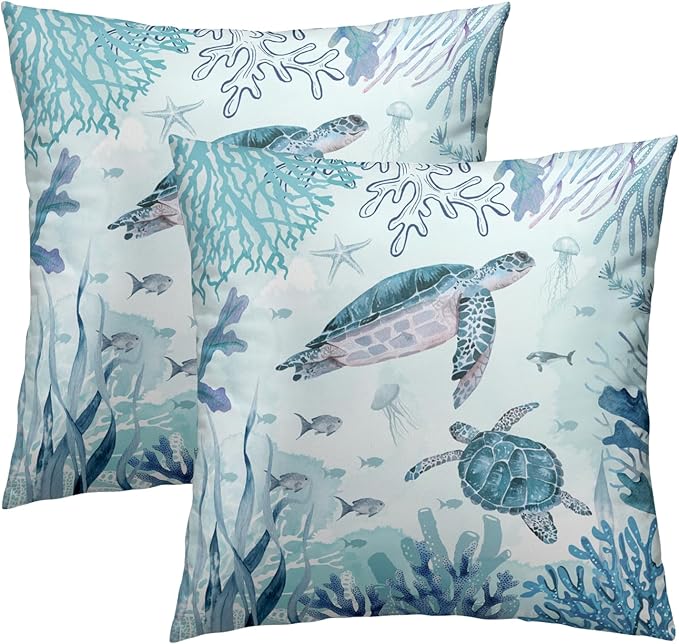 Set of 2 Sea Turtle Throw Pillow Cover 20x20 inch Nautical Coastal Ocean Coral by Granbey