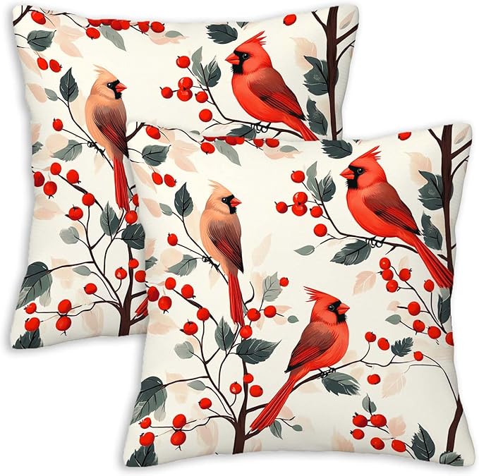 Red Cardinal Bird Throw Pillow Covers 18x18 Set of 2, Home Decorative Cushion by Unknown