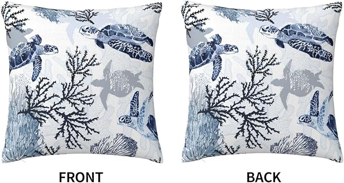 Nautical Blue Pillow Covers 18x18 Inch Coastal Beach Themed Coral Sea Turtle - Image 7