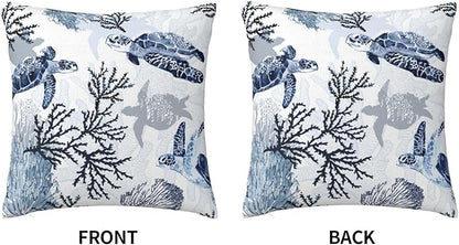 Nautical Blue Pillow Covers 18x18 Inch Coastal Beach Themed Coral Sea Turtle - Image 7